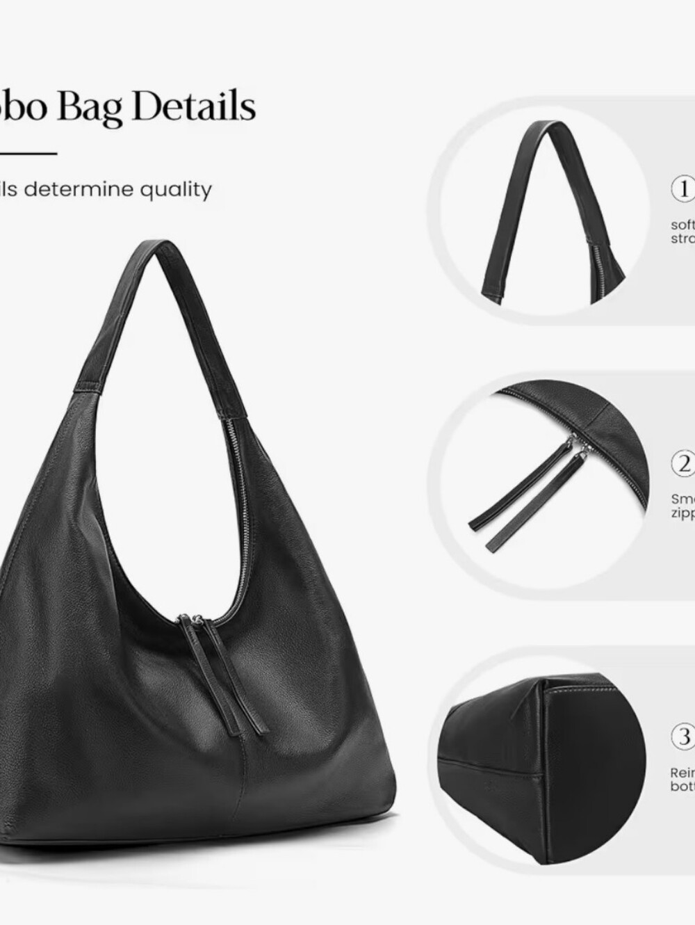 Classic Black Genuine Leather Slouchy Hobo Shoulder Bag - Women's Super Soft ! - Picture 4 of 13